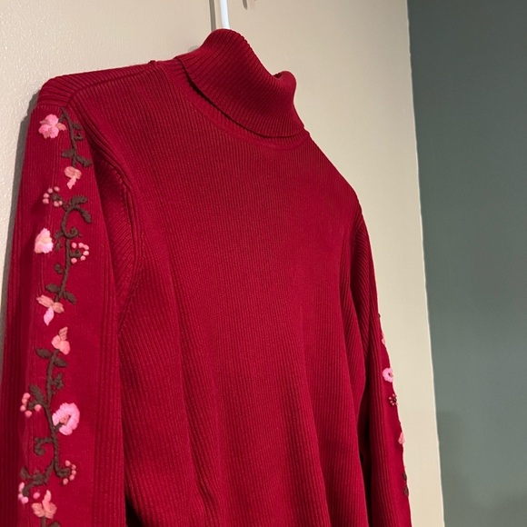 VINTAGE 90s EMBROIDERED FLORAL RED TURTLENECK LONG SLEEVE SWEATER COTTAGECORE - Picture 3 of 5